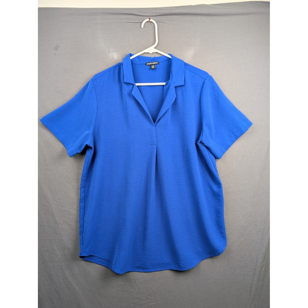 Hilary Radley Womens Blue Short Sleeve‎ Split Neck Blouse Size Large